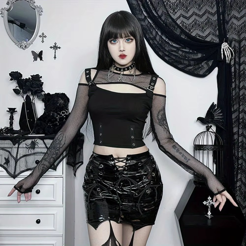 Black Crop Top with Fishnet Sleeves