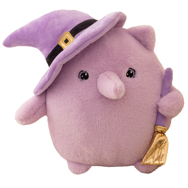 flying broom Cute Purple Witch Plush Animal with Pointed Hat