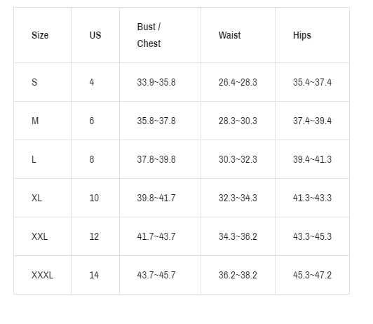 Size chart for clothing measurements in inches with a note about measurement variability.