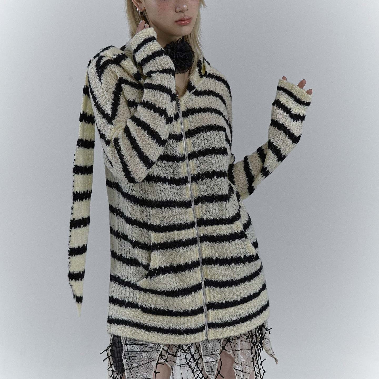 Goth Alt Sweater Cardigan with Bunny Ears Womens