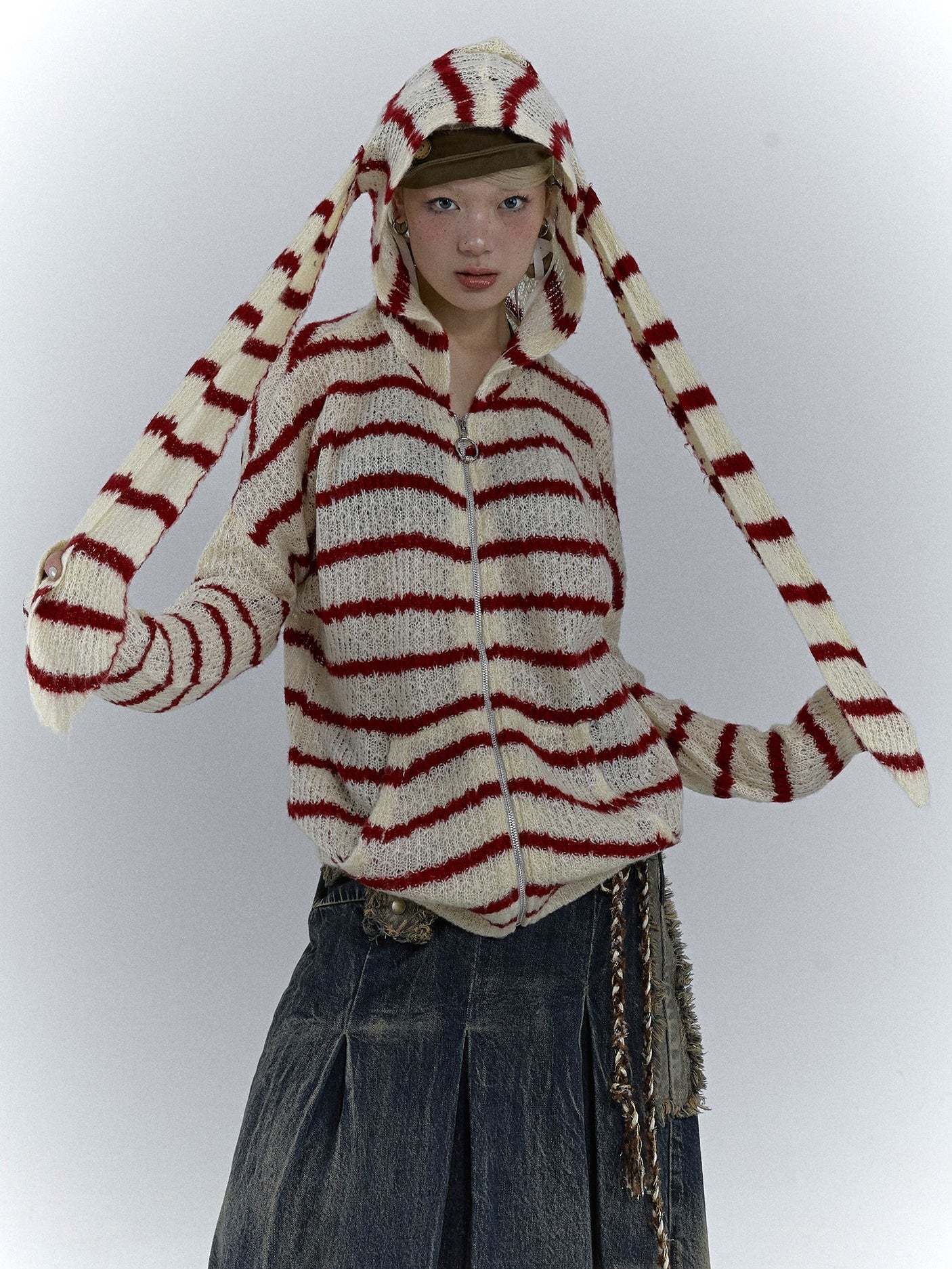 red white Goth Alt Sweater Cardigan with Bunny Ears Womens
