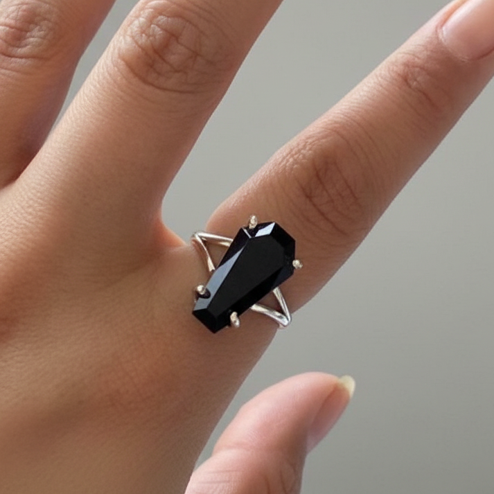 Goth Black Coffin Shaped Crystal Ring