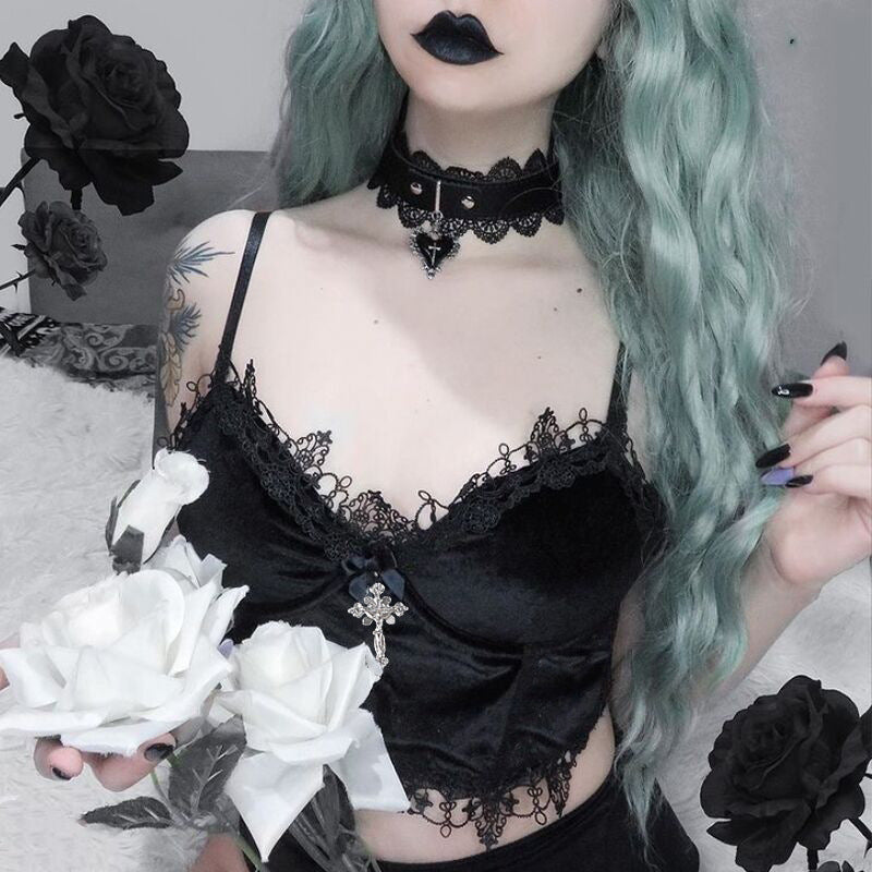 Black Goth Crop tank Top - Velvet with Cross