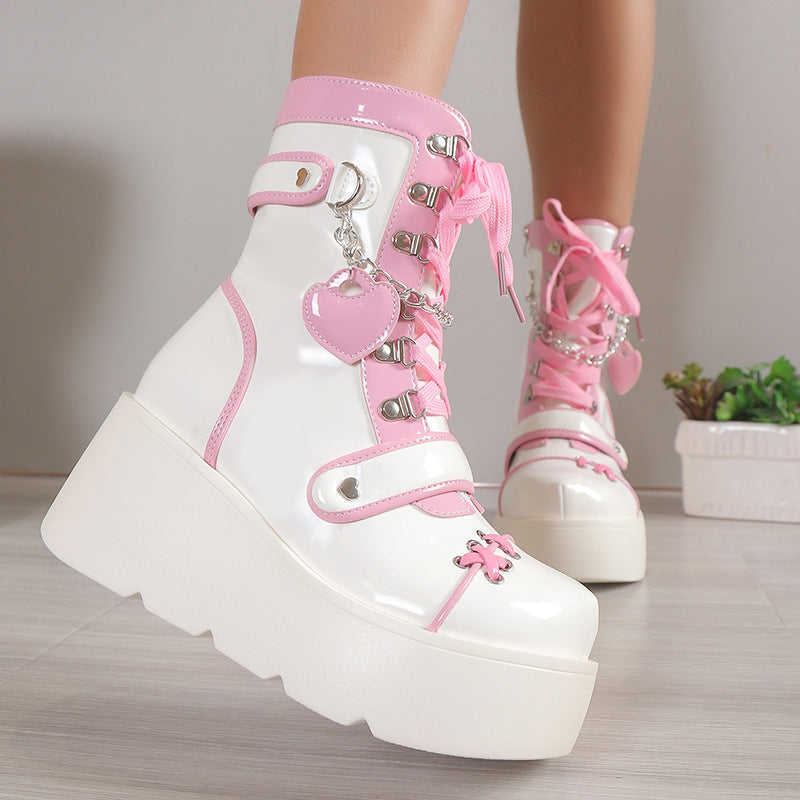 kawaii Goth Flat Platform Boots Black and White