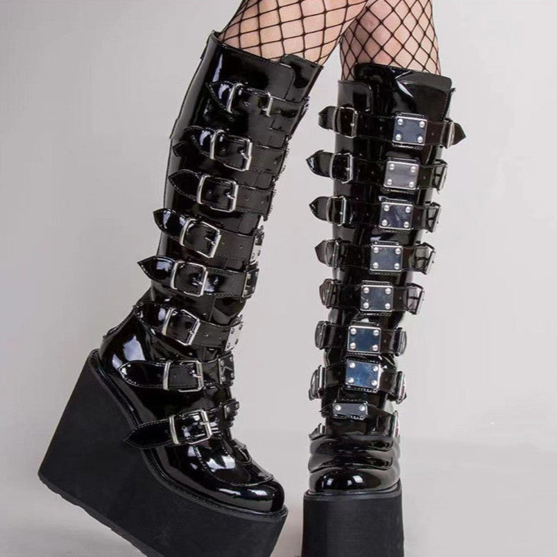 Goth Knee Boots Womens Buckle Straps