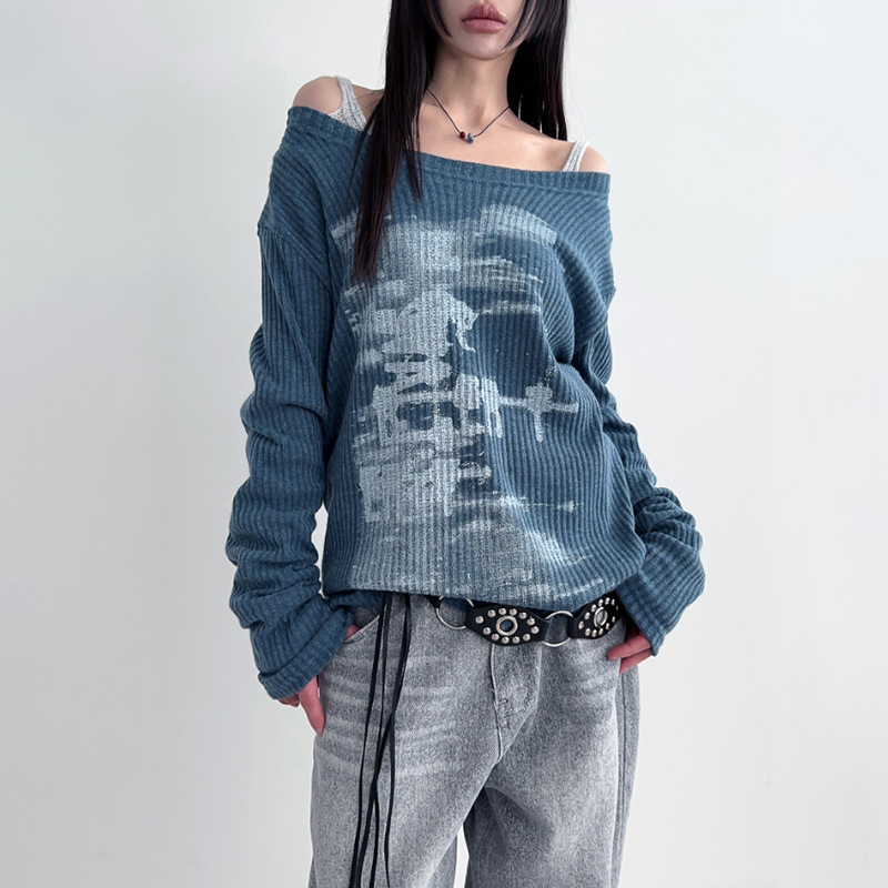 Goth Knitted Blouse Long Sleeves blue