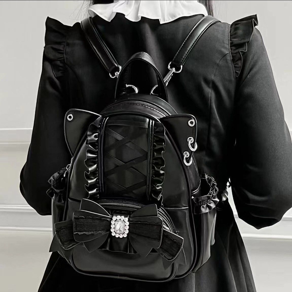 Goth Lolita Cat Backpack with Cat Ears black
