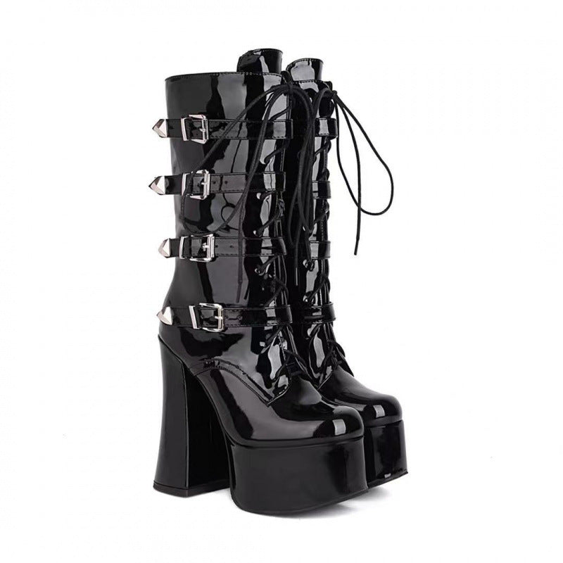 Black Goth Platform Boots Womens Heels Buckles