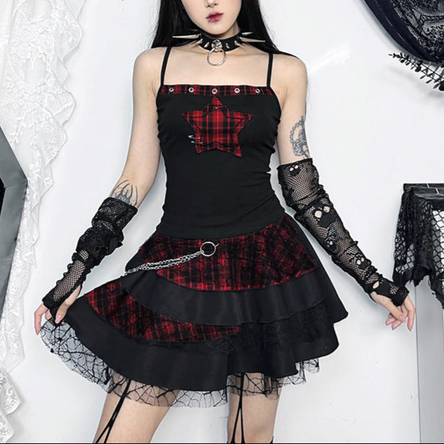 Goth Rock tank Top - Checked Red Star