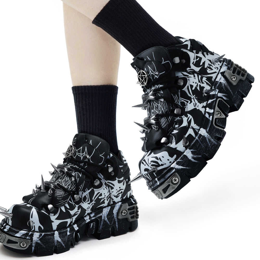 Goth Spike Sneakers Pentagram Black White