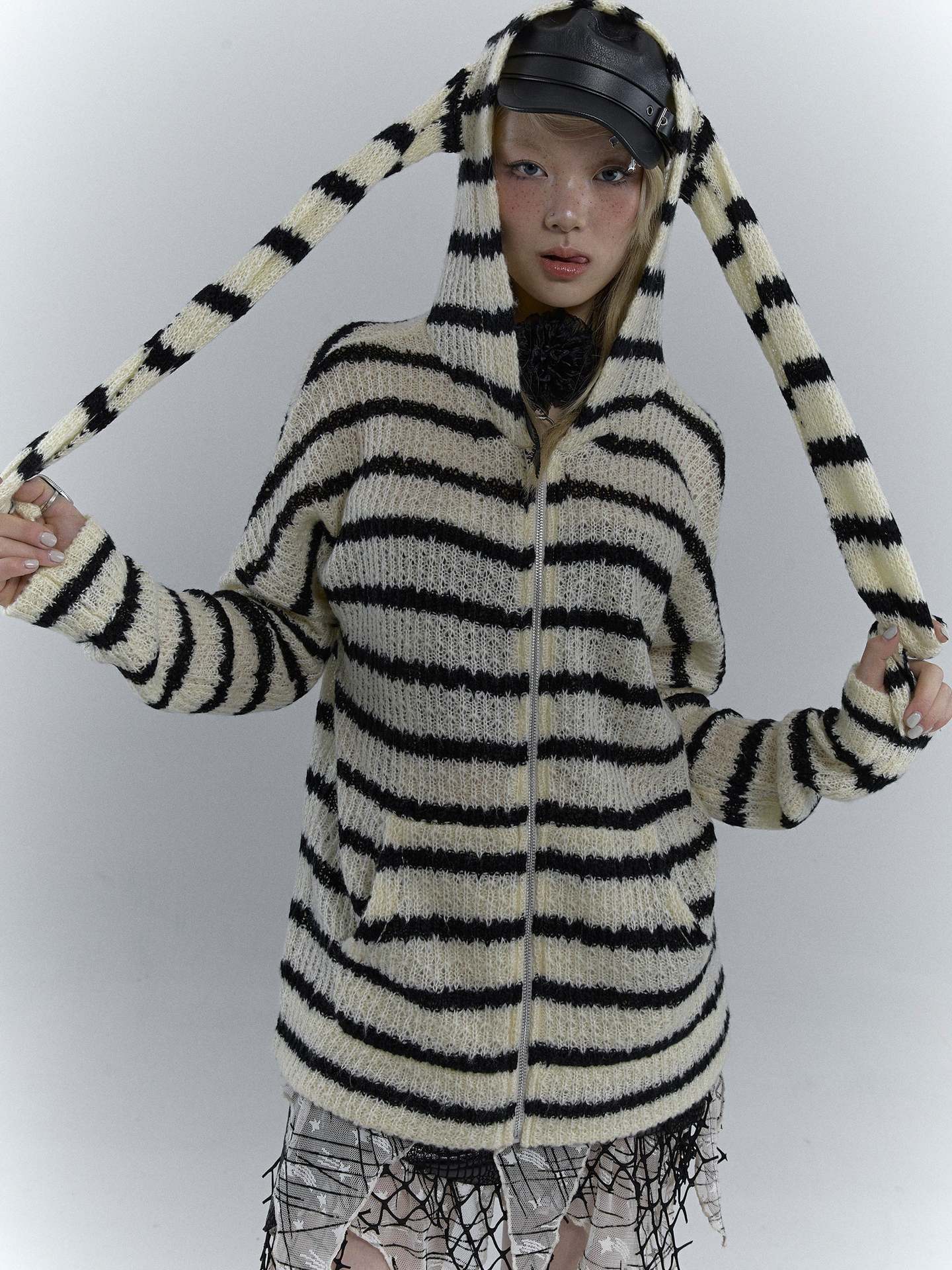 Goth Alt Sweater Cardigan with Bunny Ears Womens