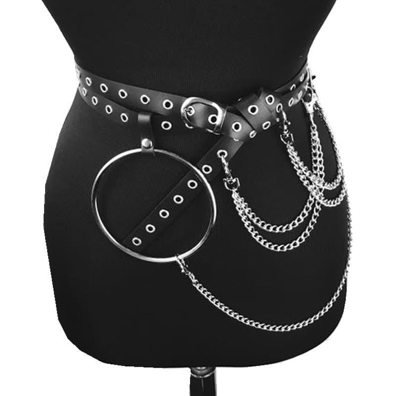 Goth Triple Leather Belt Chains Metal Ring black
