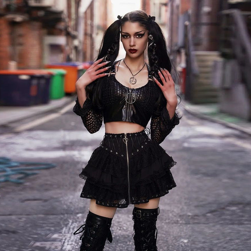 Goth Zipper Short Poodle Skirt black