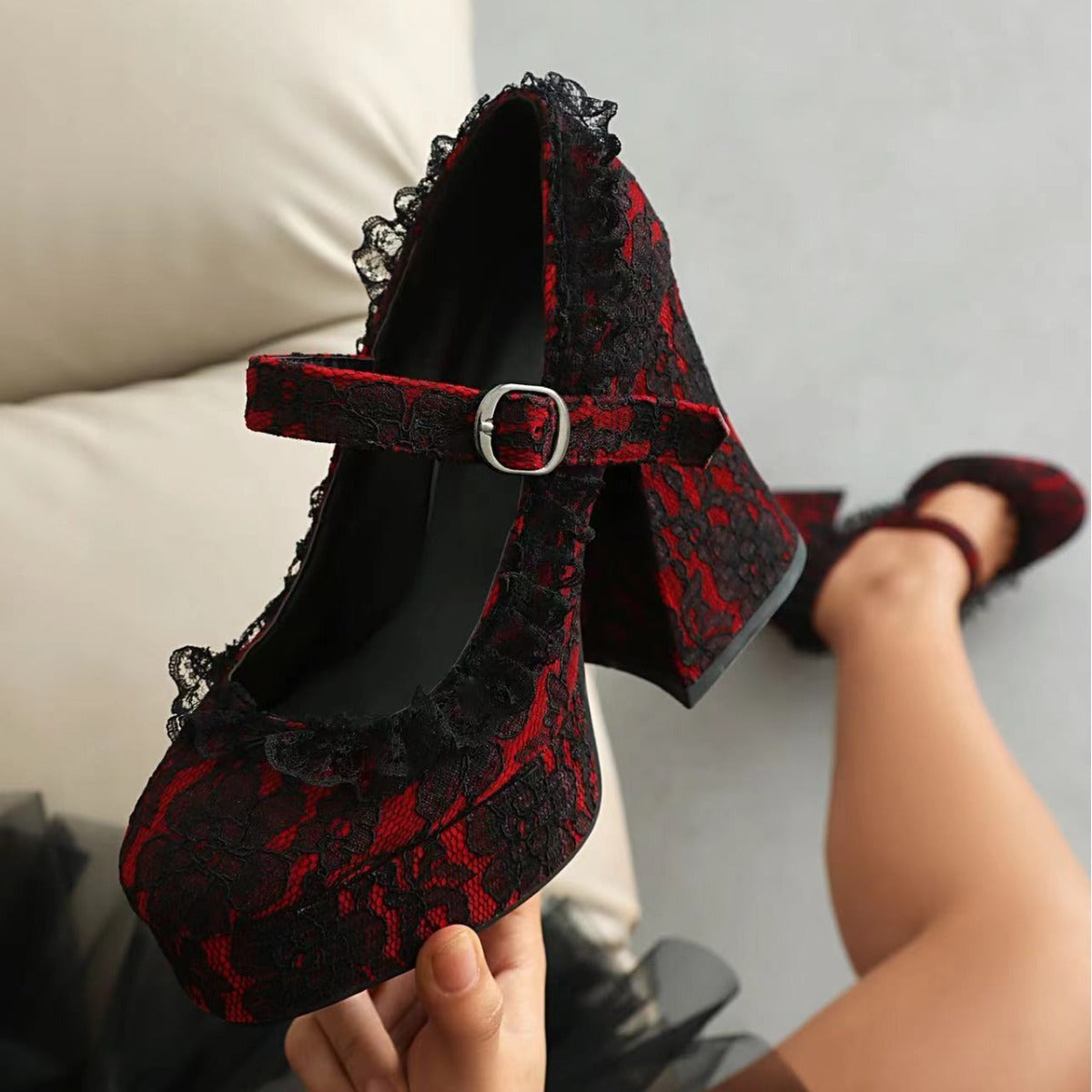 Gothic Black Lace Heels platform