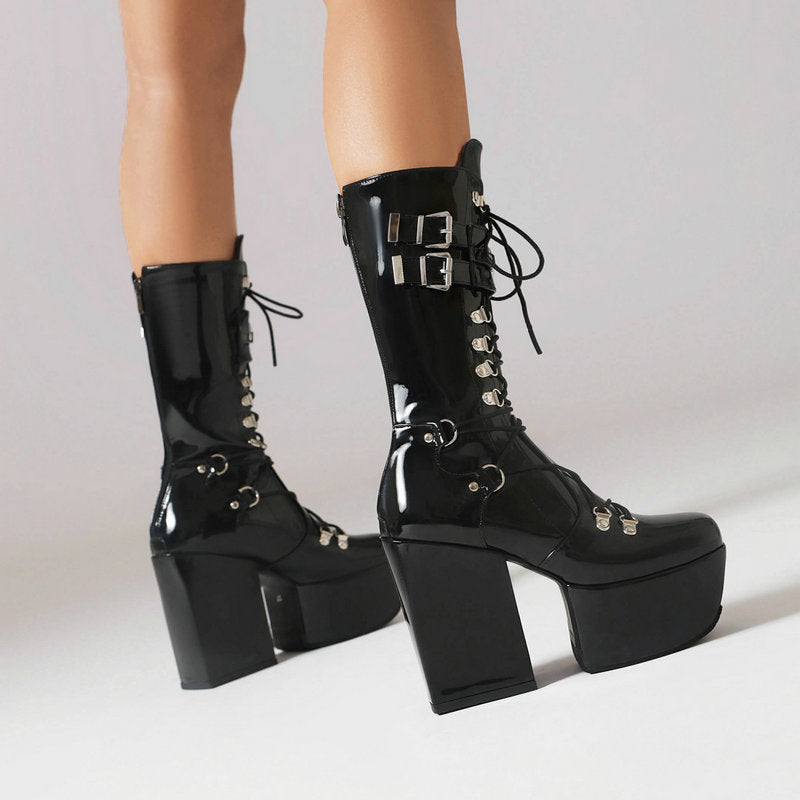 Gothic High Heel Boots Black ]Leather