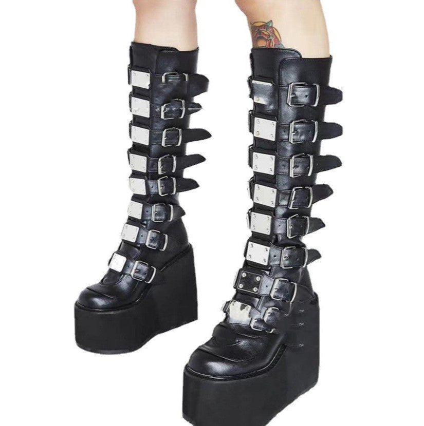 Goth Knee Boots Womens Buckle Straps
