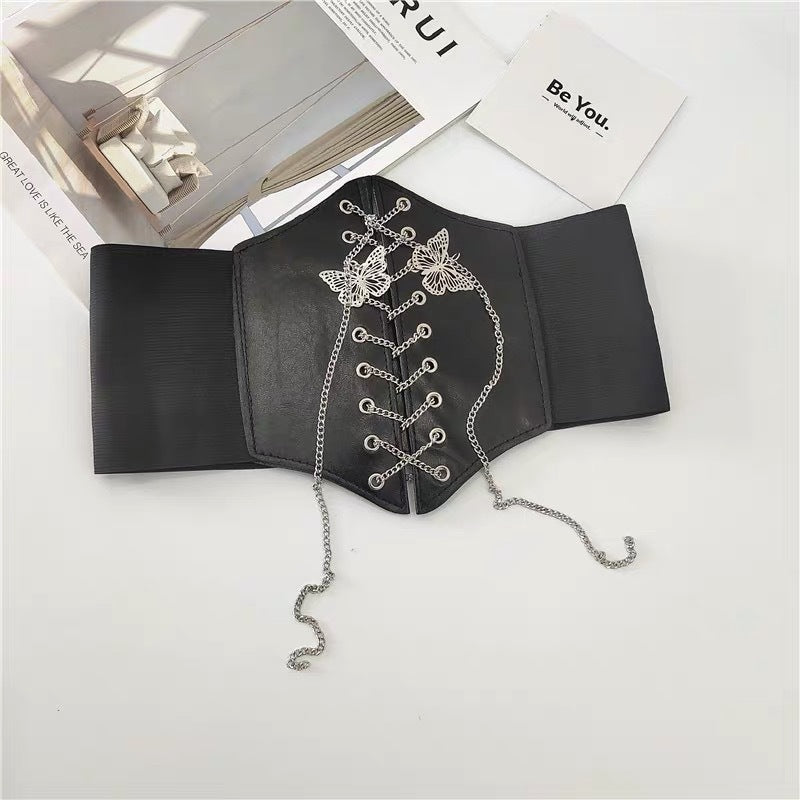 Gothic Sexy Elastic Corset Waist Belt for Women black with butterflies