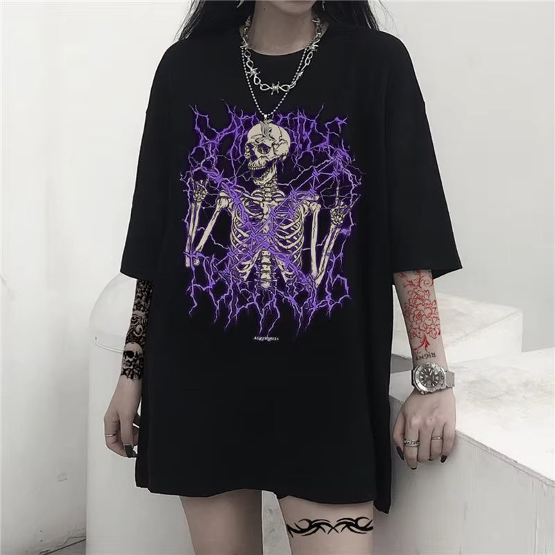 Gothic Skeleton T-Shirt for Women - Black Purple Print