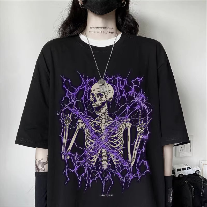 alternative Gothic Skeleton T-Shirt for Women - Black Purple Print