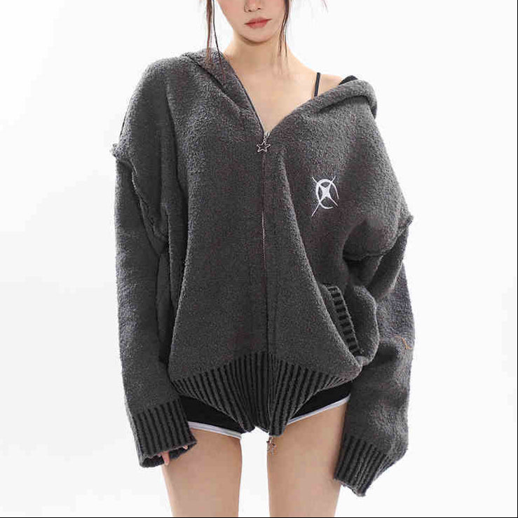 witchy Gray Alt Goth Zip Up Hoodie Knitted for Women
