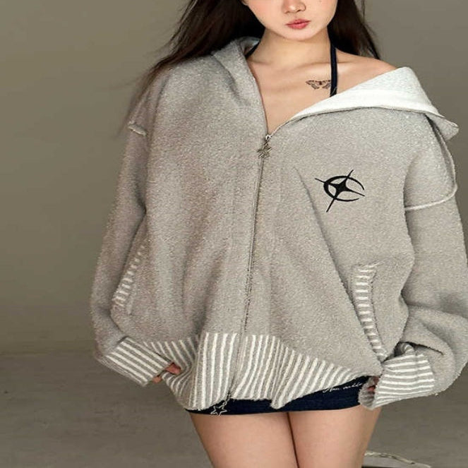 Gray Alt Goth Zip Up Hoodie cardigan Knitted for Women