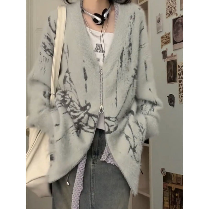 Gray Goth Alt Cardigan Zip Up Sweater for Women