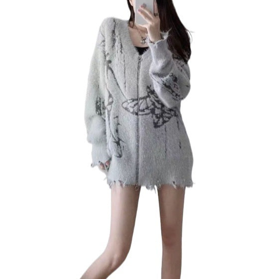 Gray Goth Alt Cardigan Zip Up Sweater for Women