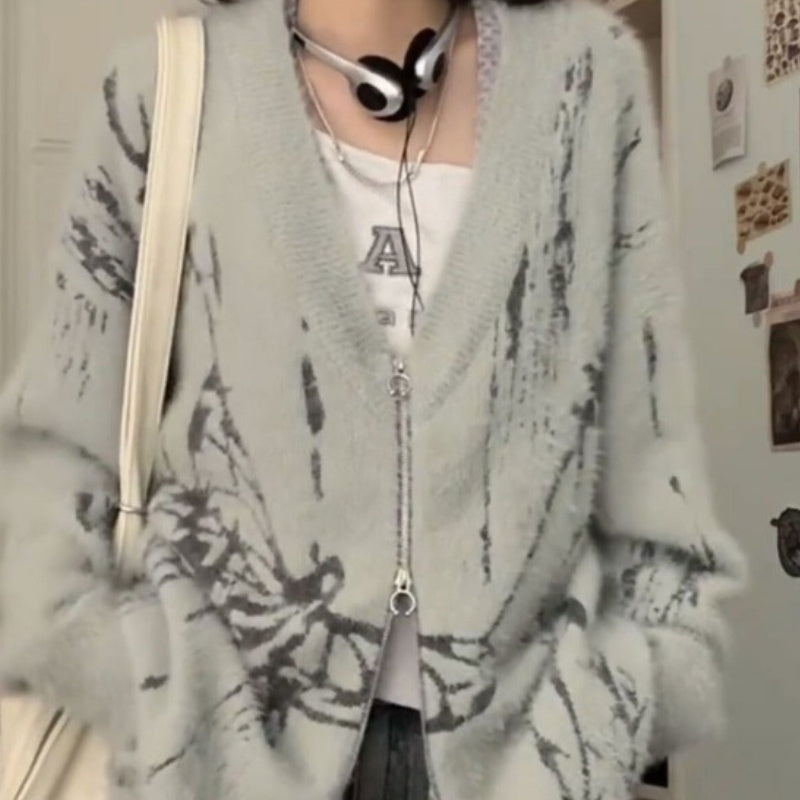 Gray Goth Alt Cardigan Zip Up Sweater for Women