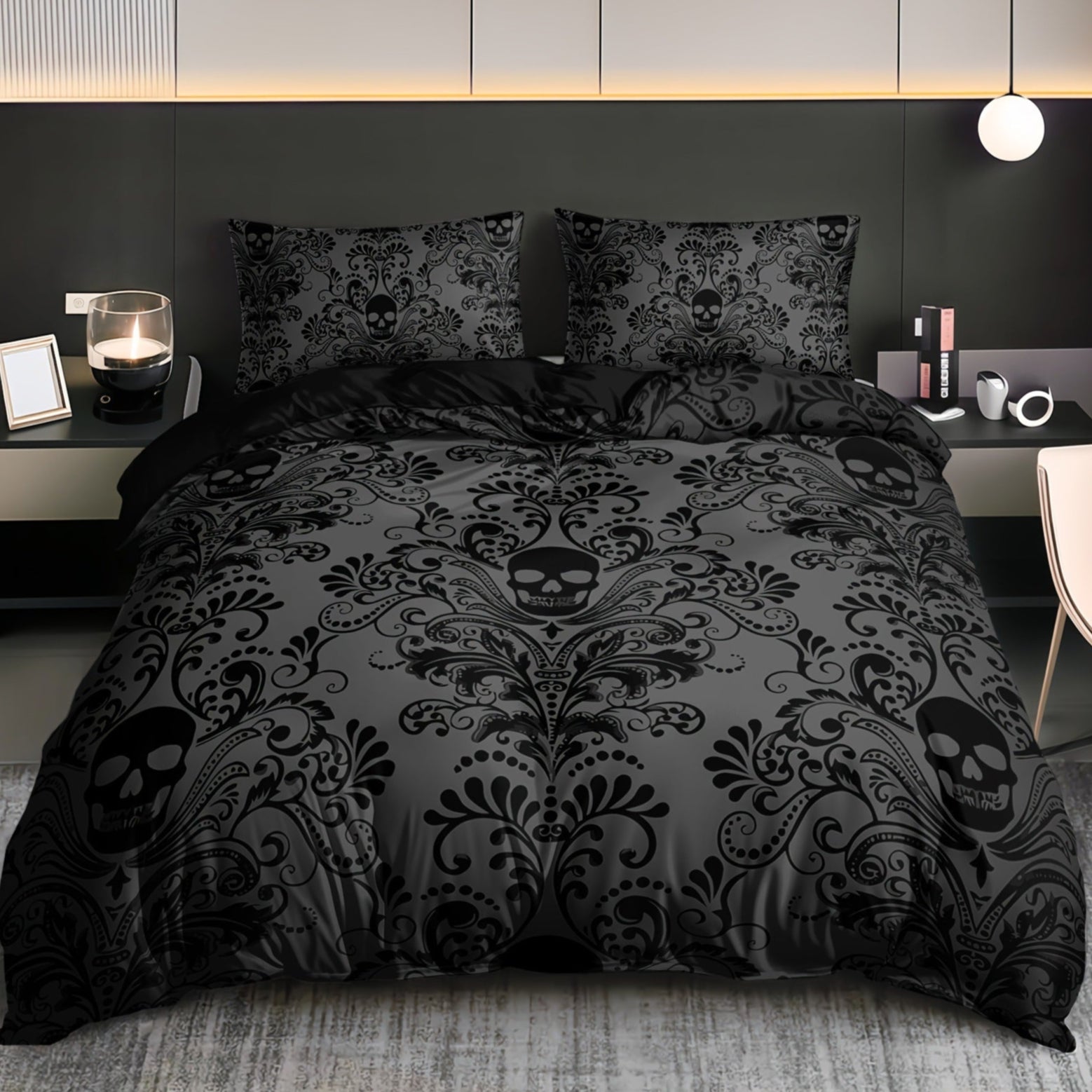 Gray Romantic Goth Bedding Set with Floral Skull Design