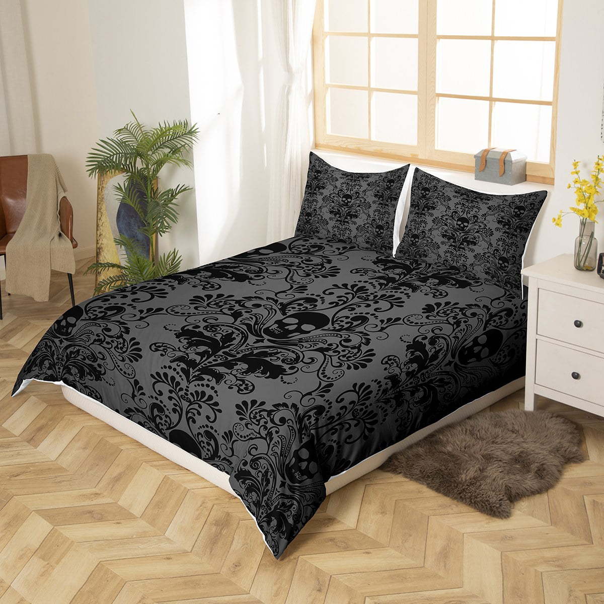 Gray Romantic Goth Bedding Set with Floral Skull Design