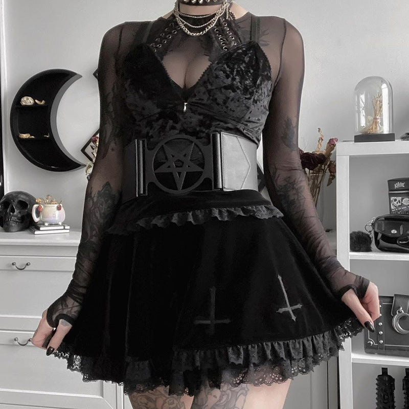 Inverted Cross Black Velvet mini Skirt