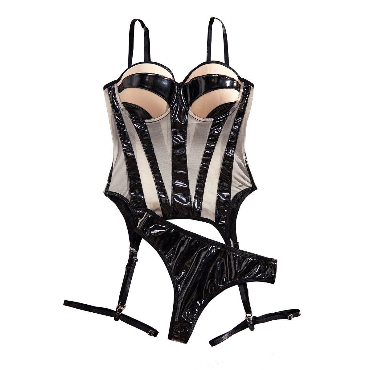 Latex Gothic Lingerie Bodysuit Set with Garters