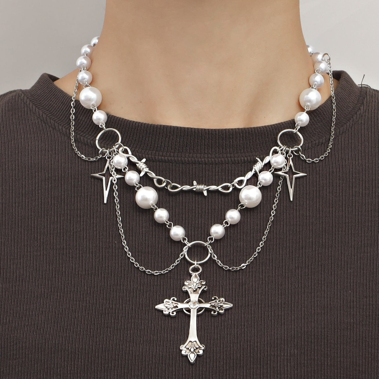 Layered Pearl Cross Star Necklace