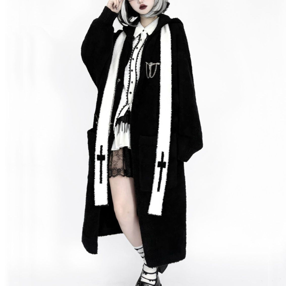 Long Black Gothic Cardigan with Cross Womens scarf
