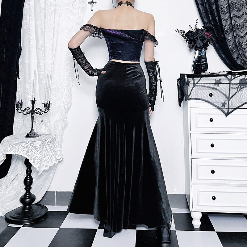Long Black Gothic Skirt - Velvet Roses