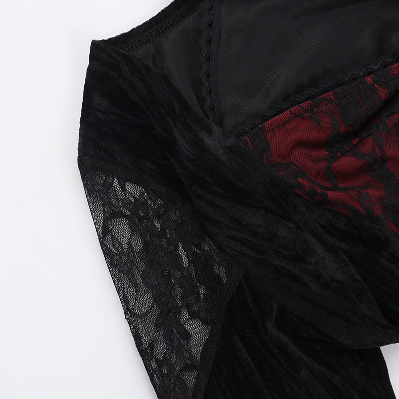 Long Sleeve Goth Dress Mini with Red Lace