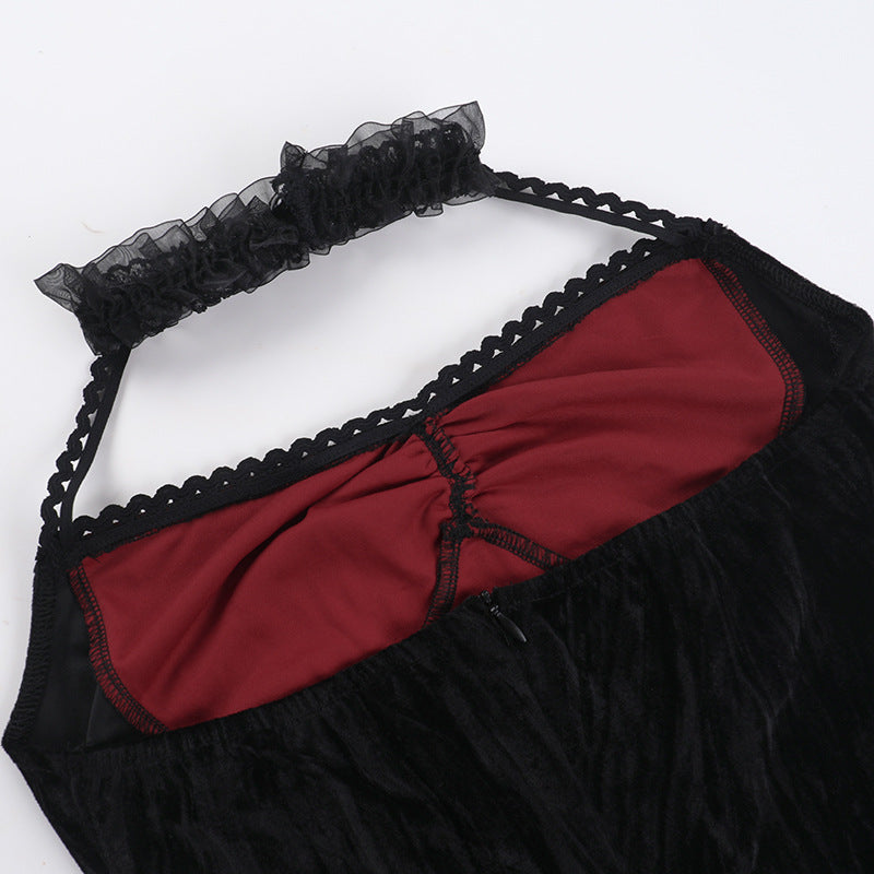 Long Sleeve Goth Dress Mini with Red Lace