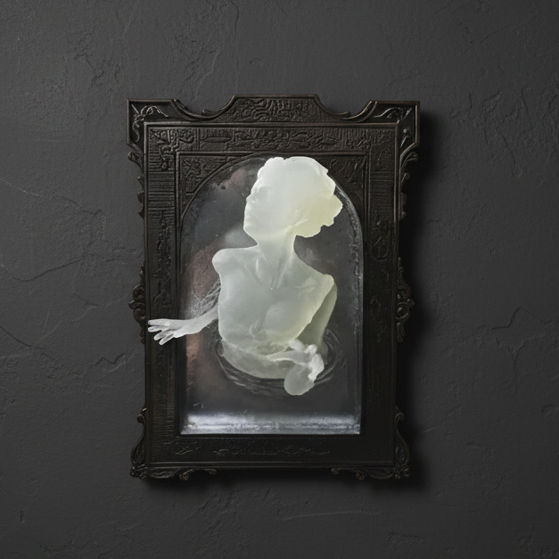 A framed art piece featuring a translucent white sculpture of a classical female bust emerging from water, set within an ornate dark frame against a dark textured wall.