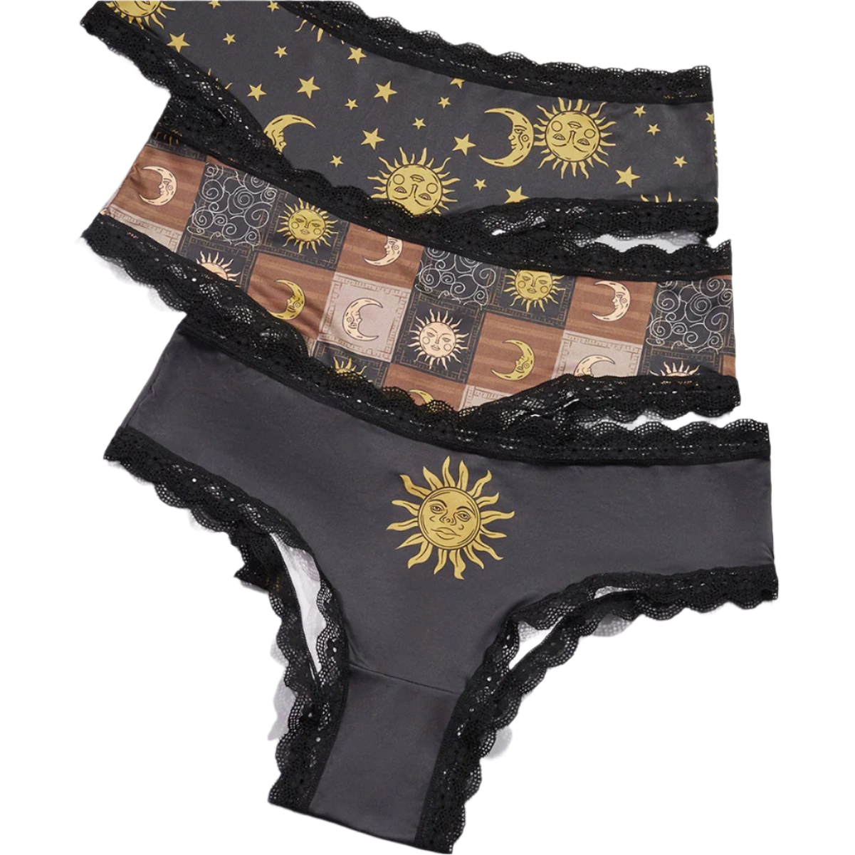 Make every layer of your outfit reflect your gothic soul with this essential 3 Pcs Goth Panties Plus Size set. These panties are designed to fit and flatter plus-size bodies with soft, breathable fabrics and stunning witchy designs. Whether you’re into gothic, punk, grunge, witchy, emo, or alternative fashion, these panties bring comfort and dark celestial charm to your everyday essentials. Available in a range of plus sizes, each pack includes three beautifully detailed panties with moon and star graphics 