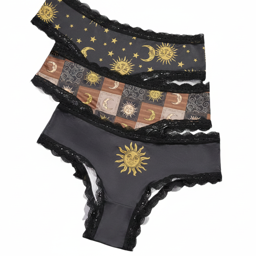 Make every layer of your outfit reflect your gothic soul with this essential 3 Pcs Goth Panties Plus Size set. These panties are designed to fit and flatter plus-size bodies with soft, breathable fabrics and stunning witchy designs. Whether you’re into gothic, punk, grunge, witchy, emo, or alternative fashion, these panties bring comfort and dark celestial charm to your everyday essentials. Available in a range of plus sizes, each pack includes three beautifully detailed panties with moon and star graphics 