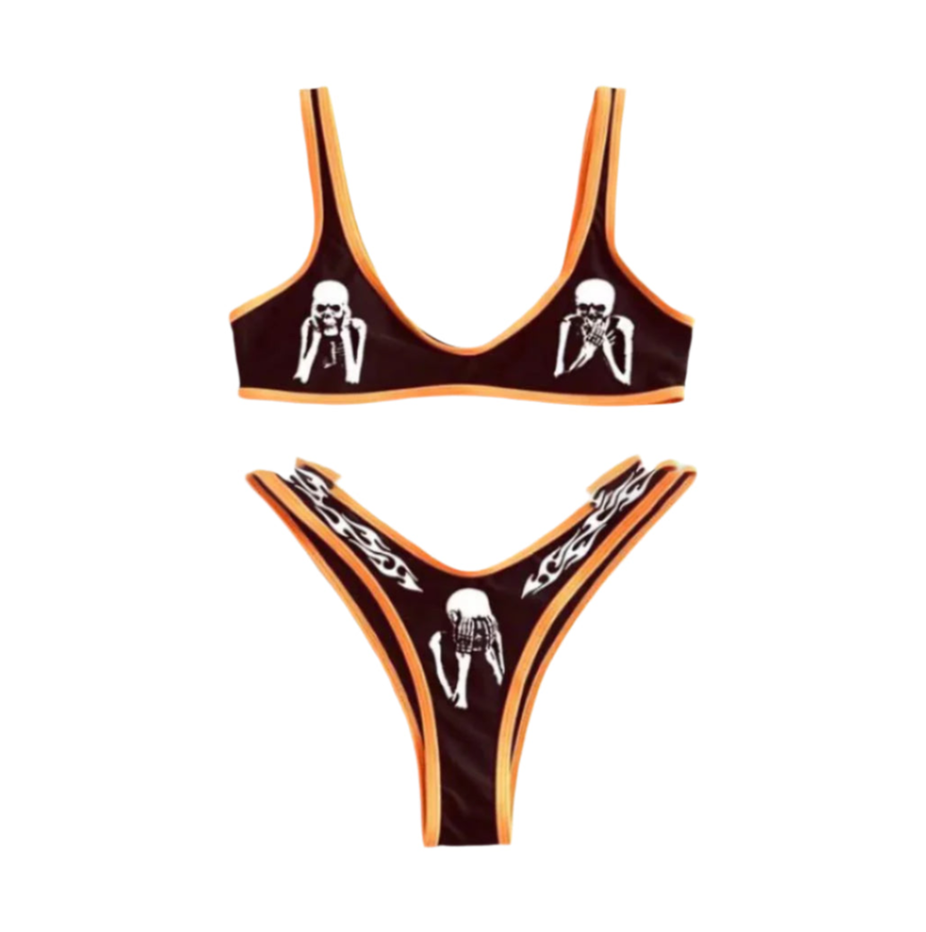 Orange-Black Neon Gothic Skeleton Bikini Set