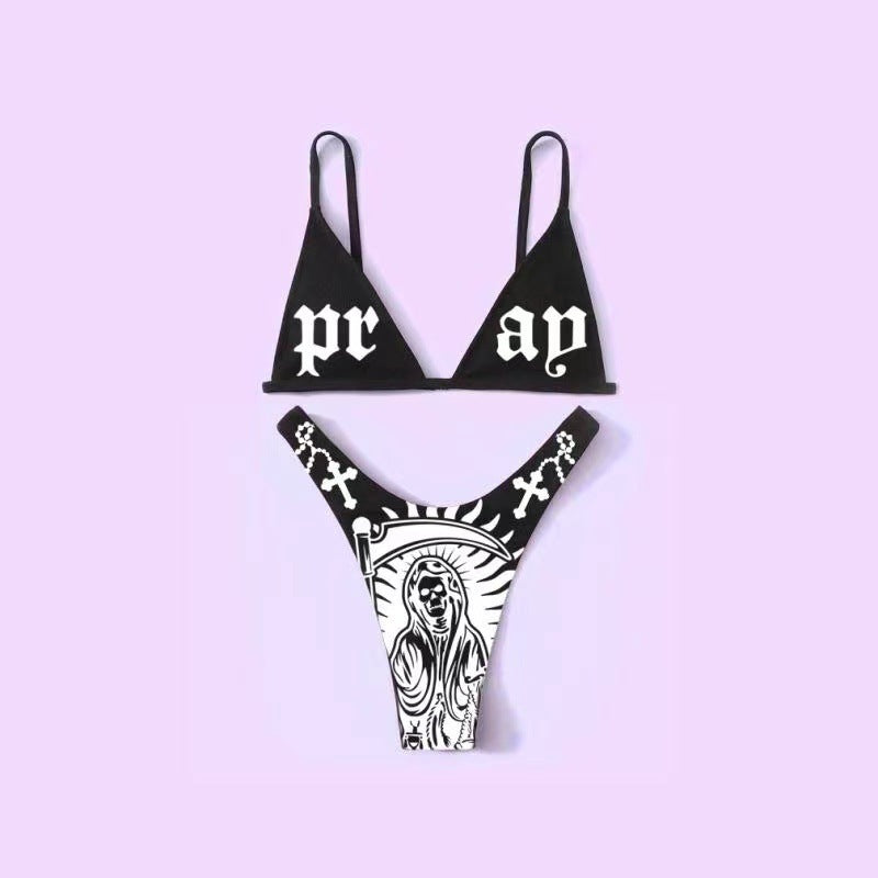 "Pray" Dark Gothic Triangle Bikini Set with Crosses