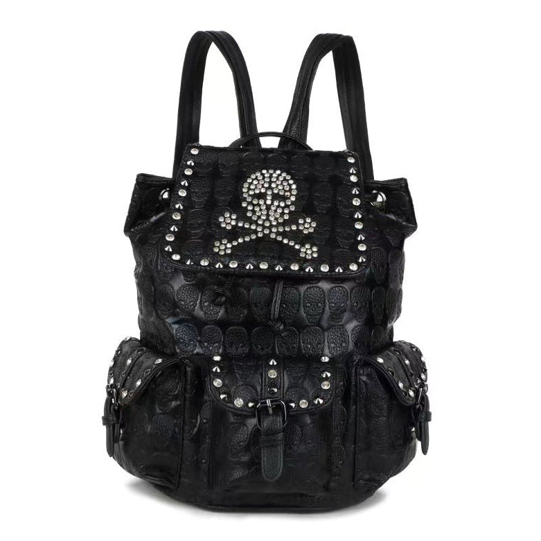 Punk Vegan Black Leather Backpack Skull Crystals
