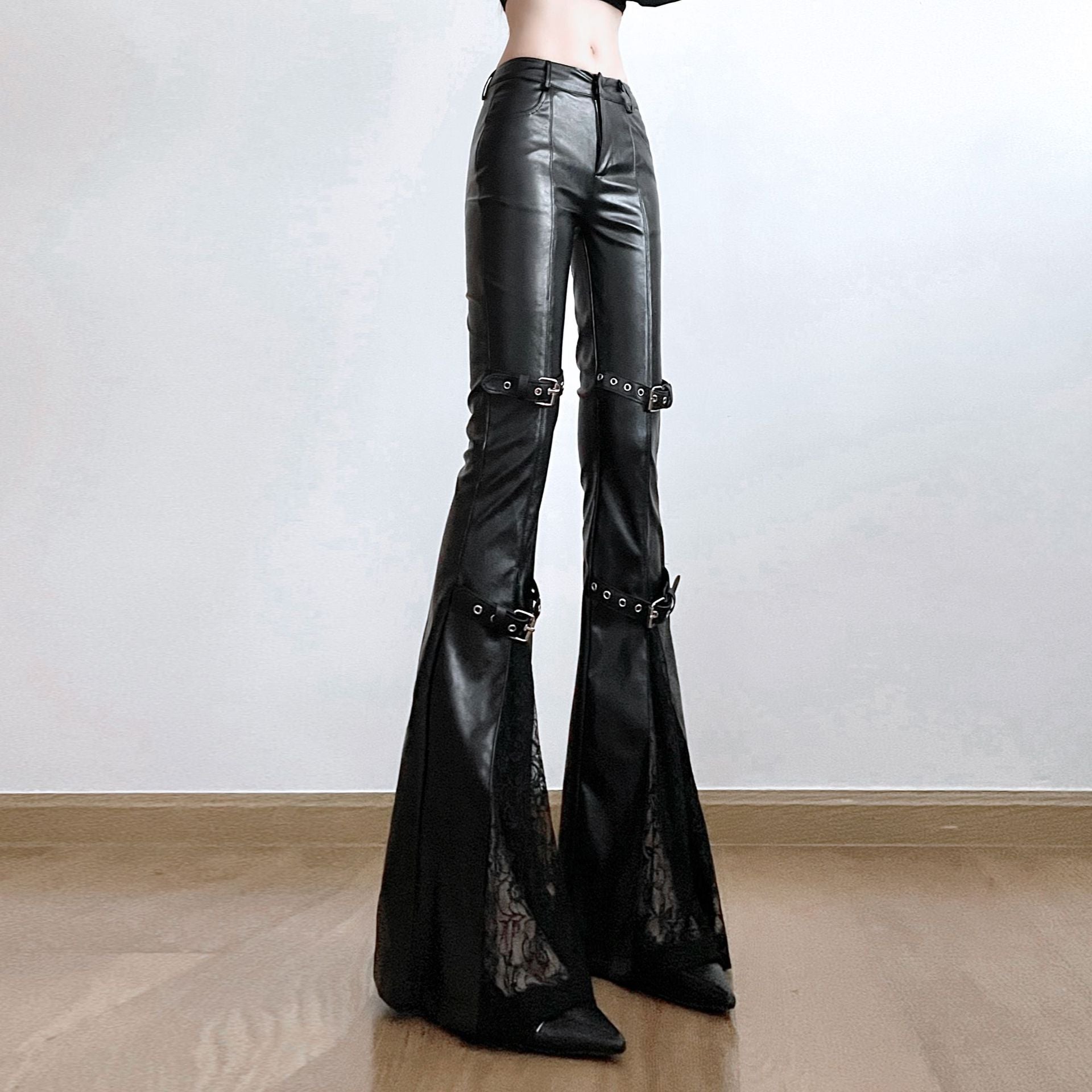 Punk Flared Leather Pants for Women goth