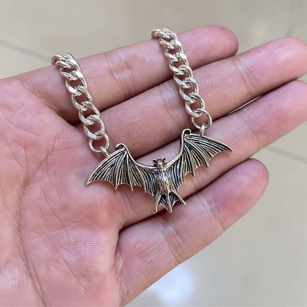 Realistic Silver Steel Bat Goth Necklace