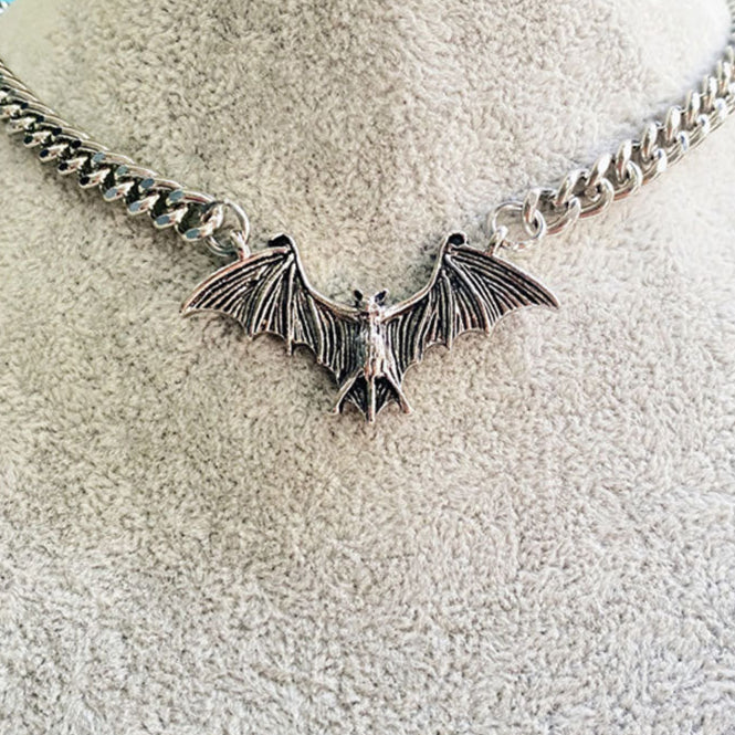 Realistic Silver Steel Bat Goth Necklace