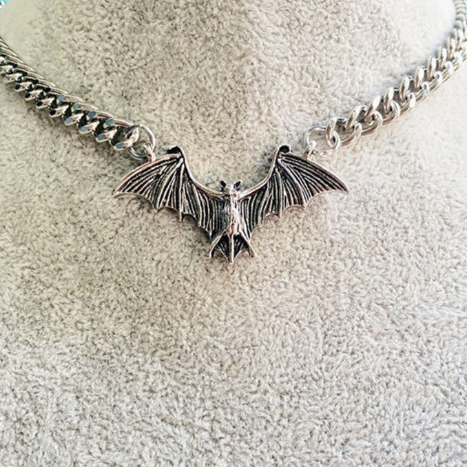 Realistic Silver Steel Bat Goth Necklace