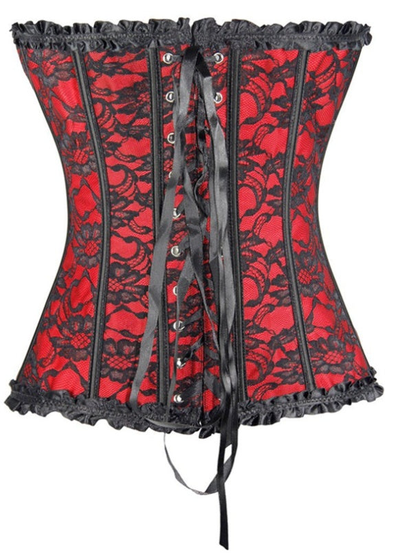 Red Black Floral Lace Overbust Corset top