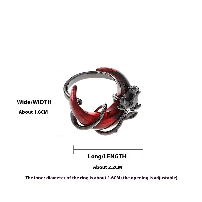 Red Crescent Moon Rose goth Ring