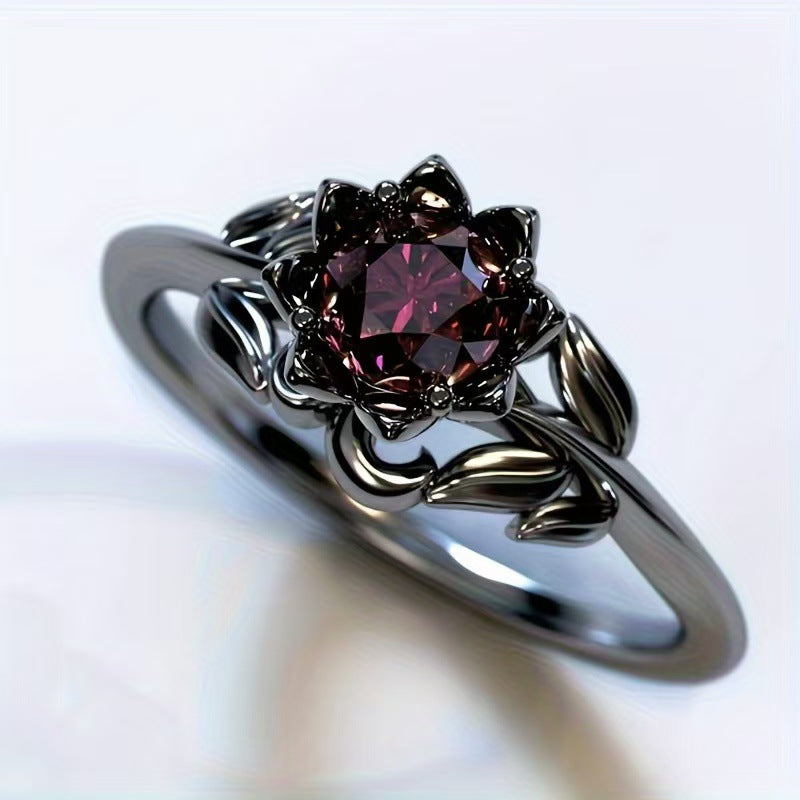 goth Red Gemstone Flower Ring Black Steel